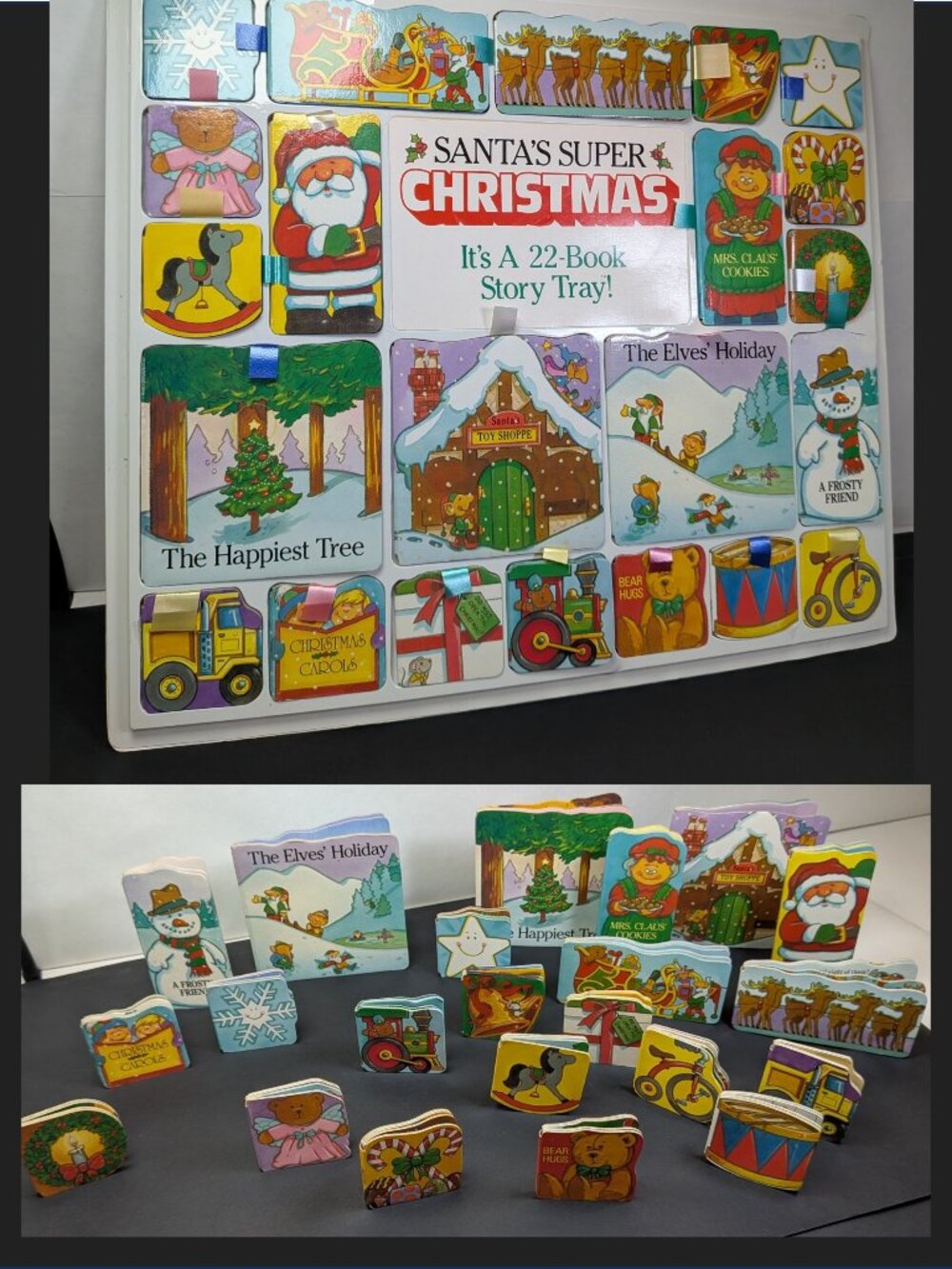 Santa’s Christmas Story Tray 1991, Vintage 22 Mini Board Books Stand Up Decor